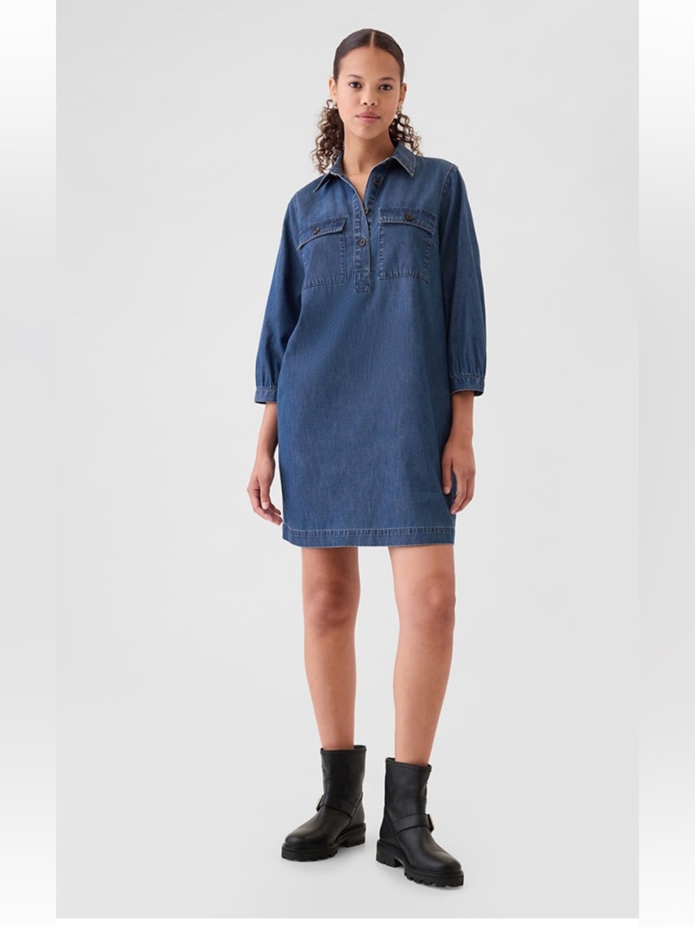 GAP Denim Popover Dress Indigo Medium Cotton Lyocell Coastal Beach Minimal Mom